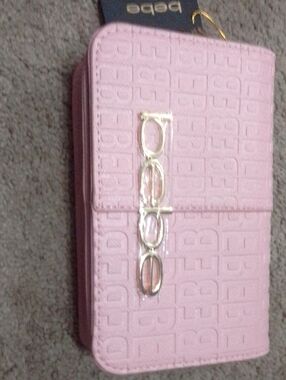 bebe Pink Embossed Logo Zip Wallet with Gold Hardware